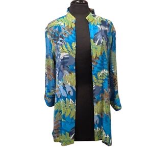 Vintage WinterSilks Medium Silk Floral Kimono Blue Open Front Cardigan Top